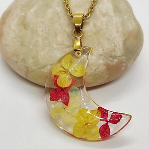 Crescent Moon Necklace: Pressed Hydrangea Flower Pendant, Fairy Jewelry