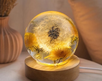 Romantic Dandelion Night Light with Real Flowers, Resin Sphere Lamp, Handmade LED Mood Light, Unique Gift for Her, Anniversary Gift