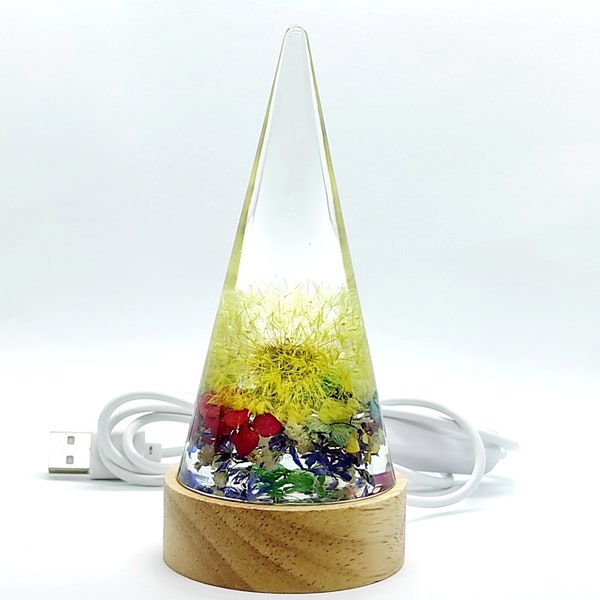 Unique resin lamp, resin night light with real dandelion and dried flowers, resin art decor, resin cone, nature lover gift