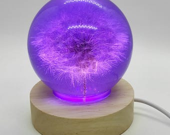 Real Dandelion Night Light, Purple Resin Flower Lamp, Handmade Nature Decor, Cozy Bedroom Light, Unique Gift for Her, Botanical Home Decor