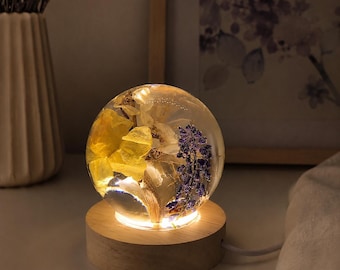Sphere Resin Night Light, Real Flower Botanical Lamp, Wooden LED base, Romantic Floral Decor Gift