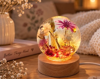Dried flowers resin lamp, real flower sphere night light, unique bedroom decor