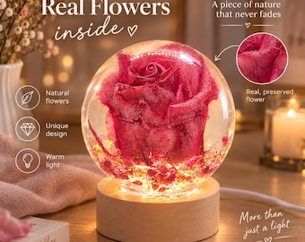 Real Rose Resin Night Light, Preserved Flower Lamp, Floral Sphere Light, Romantic Home Decor, Handmade Gift for Her, Anniversary Gift