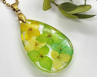 Hydrangea necklace, teardrop pressed flower necklace, dried flower resin jewelry gift for her