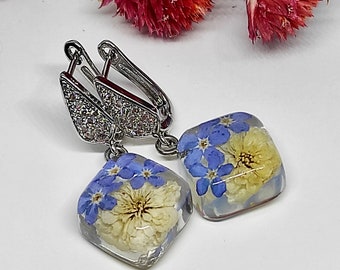 Pressed Forget-Me-Not Flower Resin Earrings: Botanical Jewelry Gift