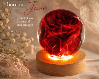 June Birth Flower Gift, Real Rose Night Light, Preserved Red Rose Lamp, Birth Month Flower Decor, Resin Sphere Lamp, Birthday Gift for Her