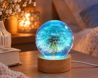 Blue Dandelion Night Light, Real Flower Resin Sphere, Handmade Nature Lamp