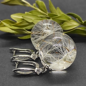 Real Dandelion Seed Resin Sphere Earrings: Botanical Terrarium Jewelry