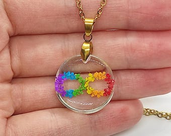 Autism Infinity Necklace with Real Flowers, Rainbow Resin Pendant, Autism Awareness Jewelry, Neurodiversity Gift