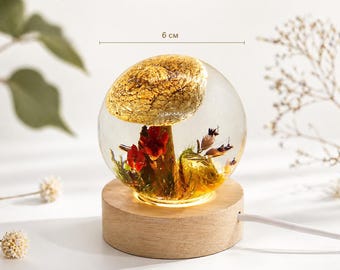 Mushroom Resin Night Light, Real Flowers & Moss Lamp, Handmade Forest Decor, 6 cm Glass Sphere Lamp, Wooden LED Base, Unique Gift Idea