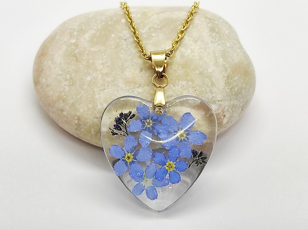 Real Forget-me-not Heart Necklace: Pressed Flower Resin Pendant