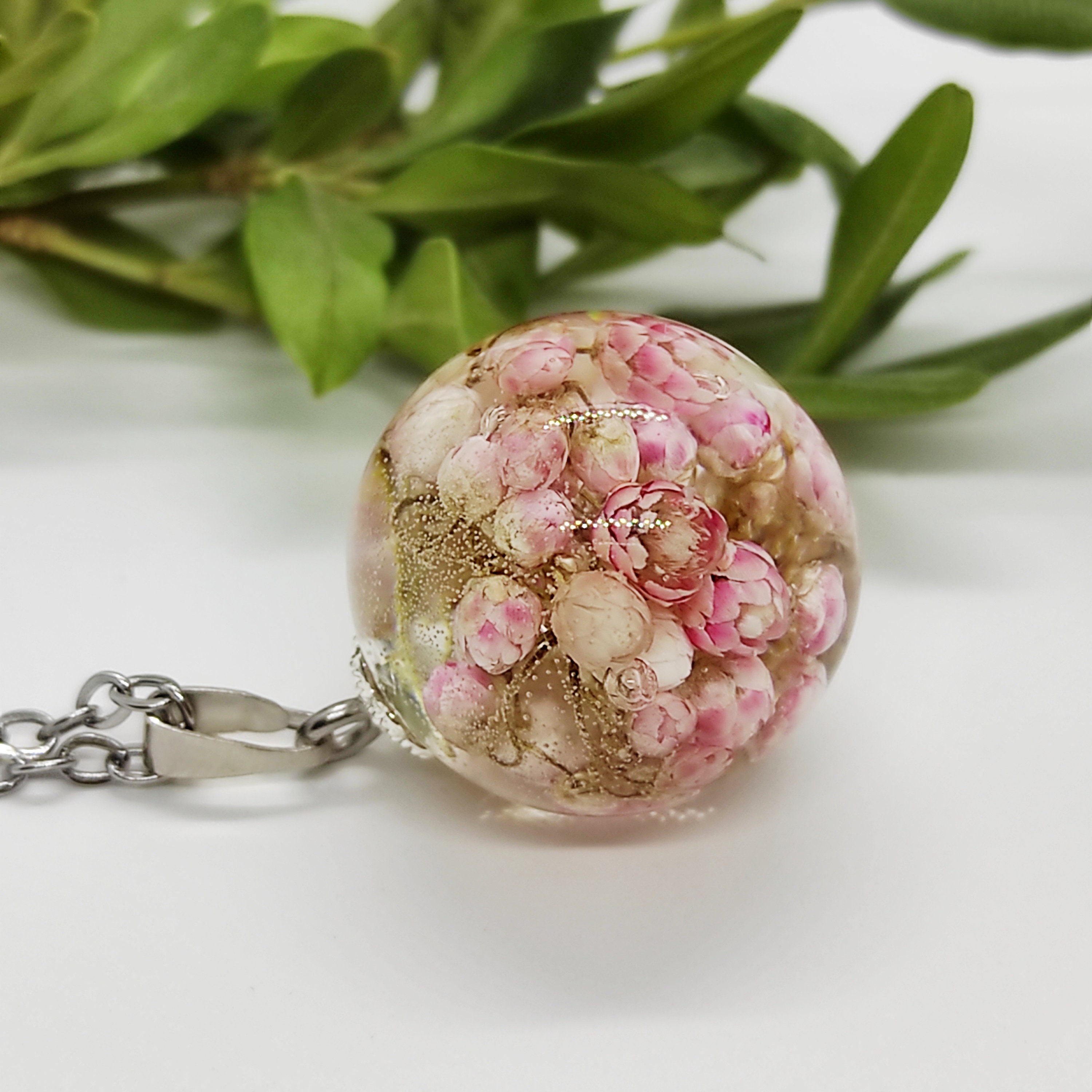 Pink Ozothamnus Pressed Flowers Necklace, Cottagecore Nature