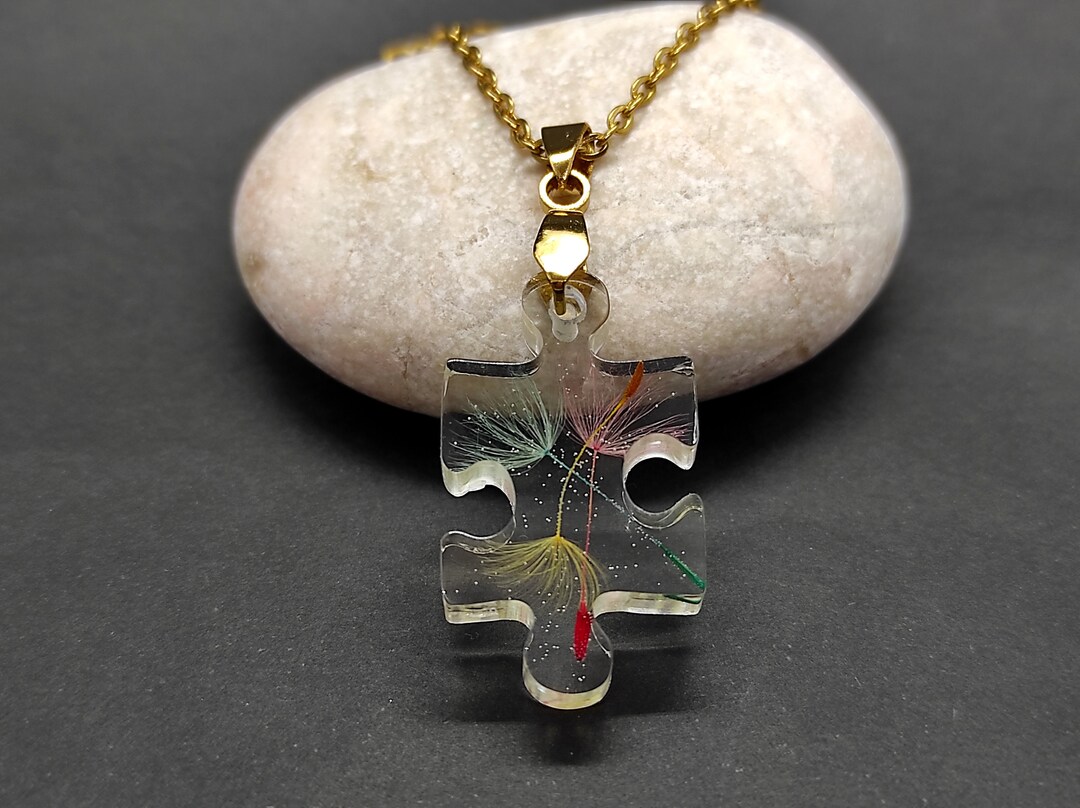 Autism Awareness Necklace, Dandelion Pendant, Puzzle Piece Necklace ...