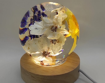 Real Flower Resin Night Light, Daffodil & Apricot Blossom Lamp, Wooden LED Base, Botanical Sphere Lamp, Romantic Floral Decor Gift