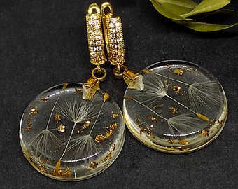 Dandelion Earrings: Resin Flower Jewelry with Gold Flakes