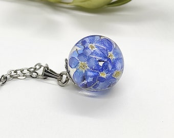 Forget me not necklace sphere, small resin pendant with real dried flowers, pressed flower jewelry, nature gift for her