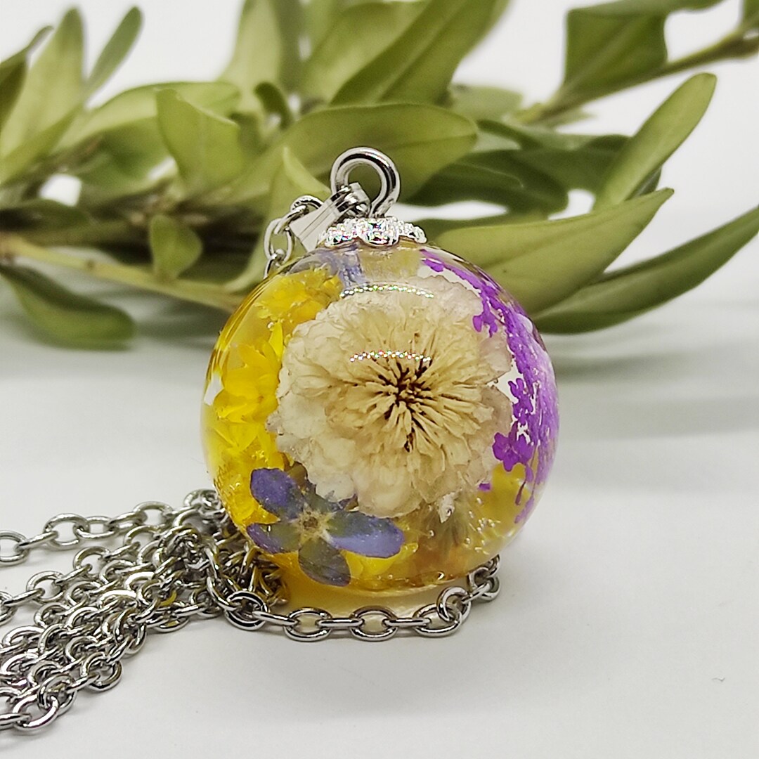 Dried Flower Sphere Necklace, Real Flower Resin Jewelry, Terrarium