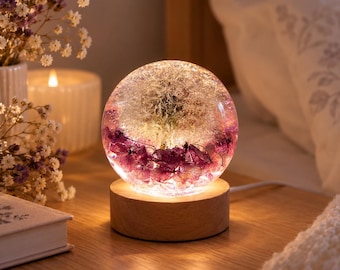 Real Dandelion Resin Night Light, Purple Flower Lamp, Handmade Floral Sphere, Nature Inspired Home Decor, Unique Gift for Her
