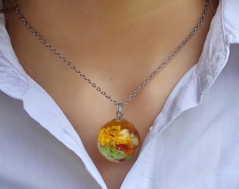 Real flower necklace, resin sphere pendant with dried flowers, pressed flower jewelry