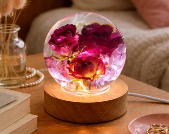 Real Flower Lamp, Resin Sphere Night Light, Bedside Lamp, Romantic Bedroom Decor