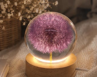 Real Purple Dandelion Night Light, Resin Flower Lamp, Botanical LED Lamp, Pressed Flower Night Light, Nature Decor, Wooden Base Lamp