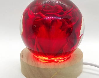 Red Rose Resin Night Light Lamp with Real Preserved Rose, Romantic Flower Sphere Lamp, LED Wooden Base Lamp, Unique Gift for Her