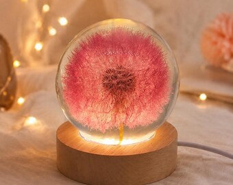 Pink Dandelion Night Light, Real Flower Lamp, Handmade Nature Decor, Floral Gift, Romantic Bedroom Light, Unique Gift for Her