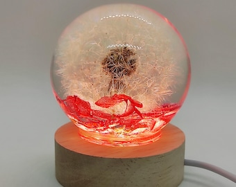 Red Dandelion Night Light with Real Dandelion | Handmade Resin Globe Lamp | Botanical LED Lamp | Nature Decor | Unique Gift for Her