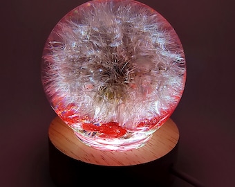 Real Dandelion Resin Night Light – Handmade Epoxy Lamp with Wooden Base