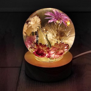 Lámpara de resina epoxi, luz de noche con flores reales, decoración única para el dormitorio.