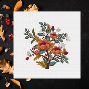 Blumen Kreuzstichmuster Herbst einfache Herbstfarben Natur Waldzweig Blumenstickerei PDF Stickmuster Vogel Vogel