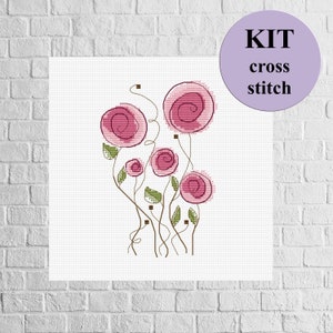 Kit kruissteek Roze bloemenpatroon Klein eenvoudig borduurwerk Lentebloemen Minimalistisch ontwerp kruissteek Roze klaprozen primitieve pdf-kaart