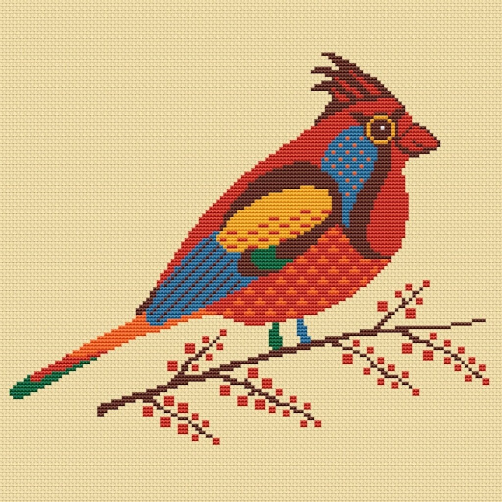 Cardinal Bird Cross Stitch Pattern Red Small Holly Bird Forest Winter ...