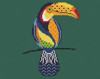 Patrón de punto de cruz de tucán: pájaro tropical bordado, adorno primitivo, animal, tucán colorido