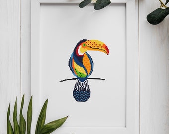Bird cross stitch pattern Toucan counted chart Tropical bird Primitive easy bird Colorful toucan embroidery modern PDF Ornament toucan
