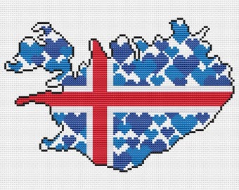 Iceland Map Cross Stitch Pattern: Country Flag Embroidery Reykjavik