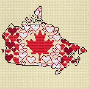 May include: A red maple leaf surrounded by white and red hearts, forming the shape of Canada on a beige background.