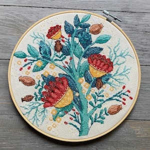 Kruissteekpatroon bloemen Magische bloemen getelde kaart Folk primitieve bloemen PDF Turkoois boeket met rode bloemen geborduurd Zomer