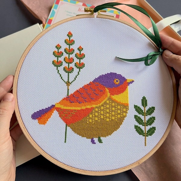 Finished completed cross stitch bird Finished embroidered Modern handmade funny gift Bird gift cross stitch