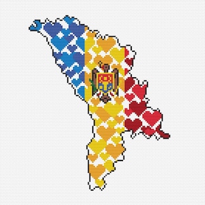 Könnte beinhalten: Eine pixelige Karte Moldawiens, gefüllt mit Herzen in Blau, Gelb und Rot. Das moldawische Wappen befindet sich im gelben Bereich. Das Design erinnert an Kreuzstich.