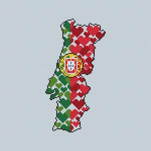 May include: A cross-stitch pattern of the outline of Portugal with the Portuguese flag colors, green and red, and the national coat of arms in the center.
