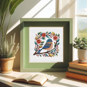 Vogel mit Blumen Kreuzstichmuster Lustiger blauer Vogel PDF Stickvorlage rote Blumen Kranz Sommer Vogel Frühling einfach Vogelstickerei