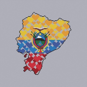Puede incluir: Un diseño de punto de cruz del mapa de Ecuador, con los colores de la bandera del país. La parte superior es amarilla con un patrón de cuadros, la parte central es azul con un patrón de diamantes y la parte inferior es roja. El escudo de armas ecuatoriano está en el centro.
