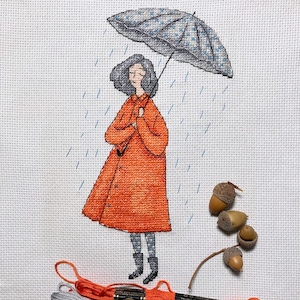 Autumn cross stitch pattern Girl with umbrella easy counted chart Autumn funny embroidery PDF pattern rain Lady in coat Fall pattern