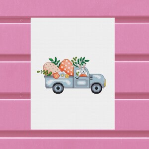 Easter cross stitch pattern Cute Bunny in car counted cross stitch chart bunny with eggs Easter Funny easy pattern white rabbit embroidery