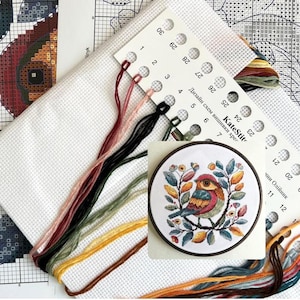 Red funny bird kit folk primitive bird embroidery kit Forest easy bird cross stitch pattern Small bird on branch kit Autumn nature kit