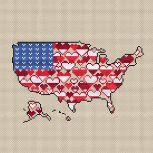May include: A cross-stitch pattern of the United States of America with red, white, and blue hearts. The flag is in the upper left corner of the map.