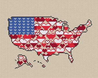 USA Map Cross Stitch Pattern American Flag Hearts travel 4th of July America