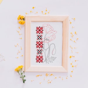 Bloemen kruissteekpatroon Poppy Flower Oekraïens borduurwerk Folk stijl zwart rood ornament Modern Blackwork bloemen getelde PDF-kaart