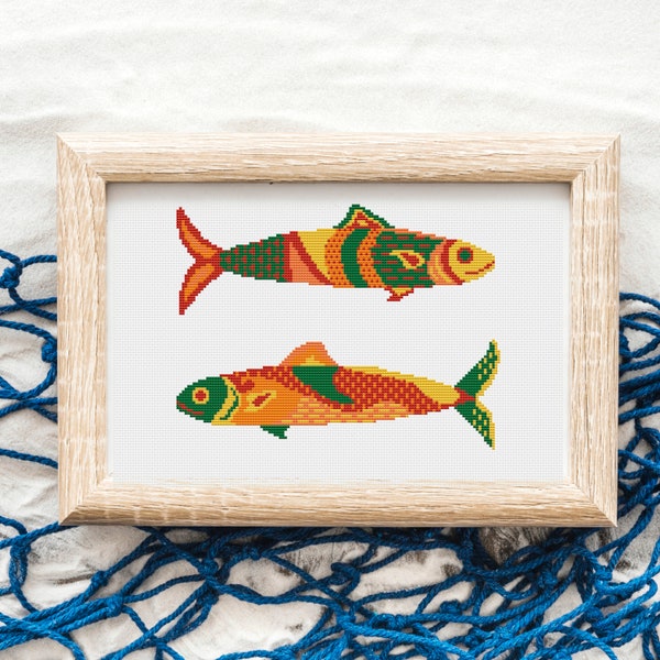 Orange fish cross stitch pattern Gold fish counted chart Primitive fish Funny fish pdf embroidery Colorful couple of fish xstitch koi fish